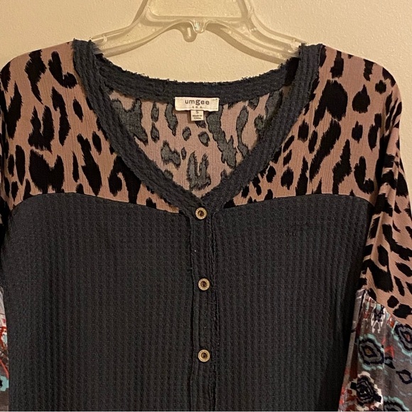 Umgee Women’s Waffle Knit Long  Sleeve Mixed Pattern Boho Peasant Size S - Picture 3 of 10